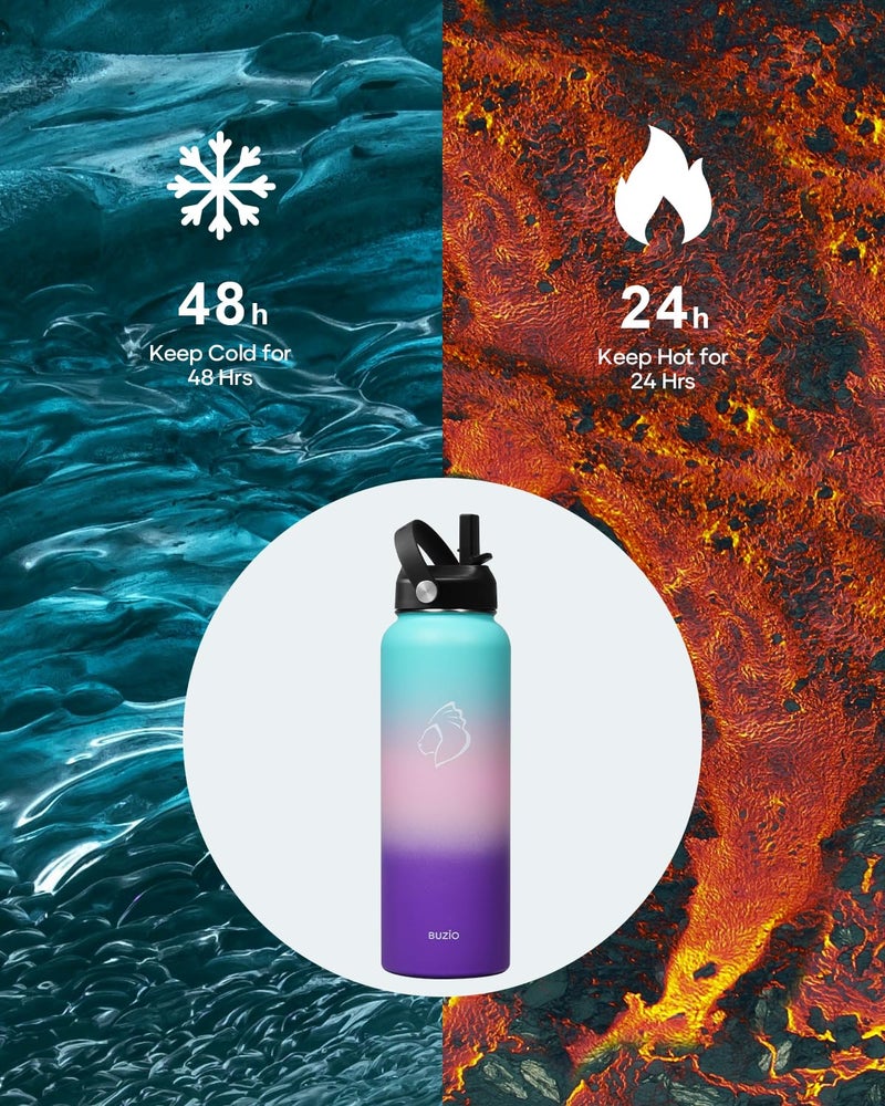 BUZIO 40oz Insulated Water Bottle  Stainless Steel Double Wall Water Flask (Cold for 48 Hrs) Leak Proof Sports Bottles Jug with Straw Lid and Flex Cap Metal Canteen for Gym Travel Camping  Hydrangea - Image 2